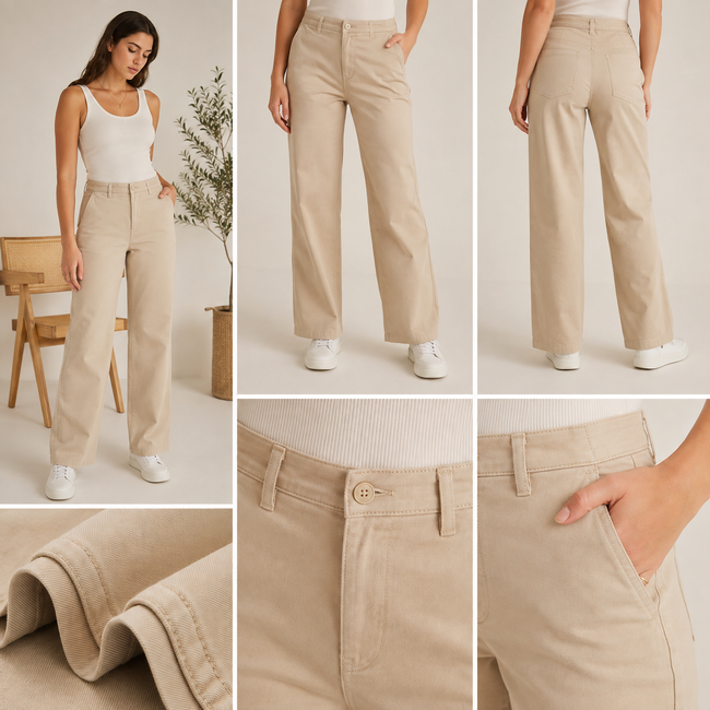 Women's Premium Relaxed Straight Twill Pants | Stretch Cotton Casual Trousers Main Image