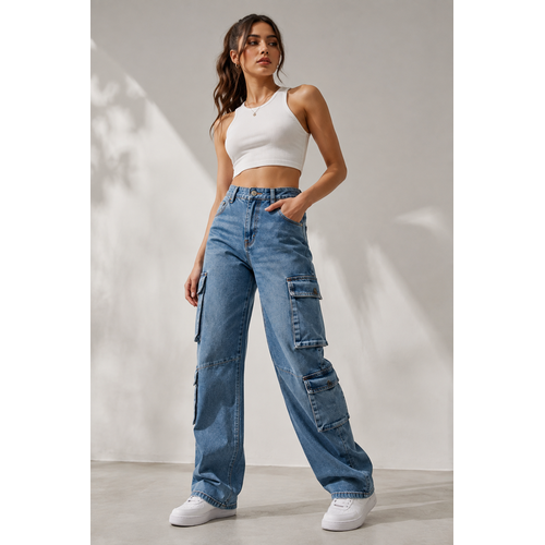 Women's Premium Denim Cargo Pants | High-Rise Utility Cargo Jeans Hover Image